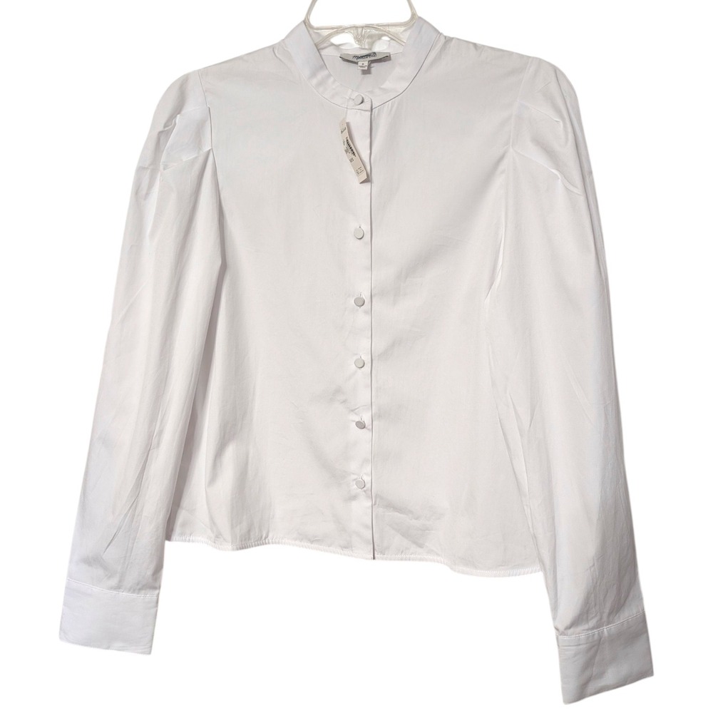 Madewell Puff Sleeve‎ Button Down Band Collar Shirt White Cotton Poplin Blouse S - Picture 5 of 13